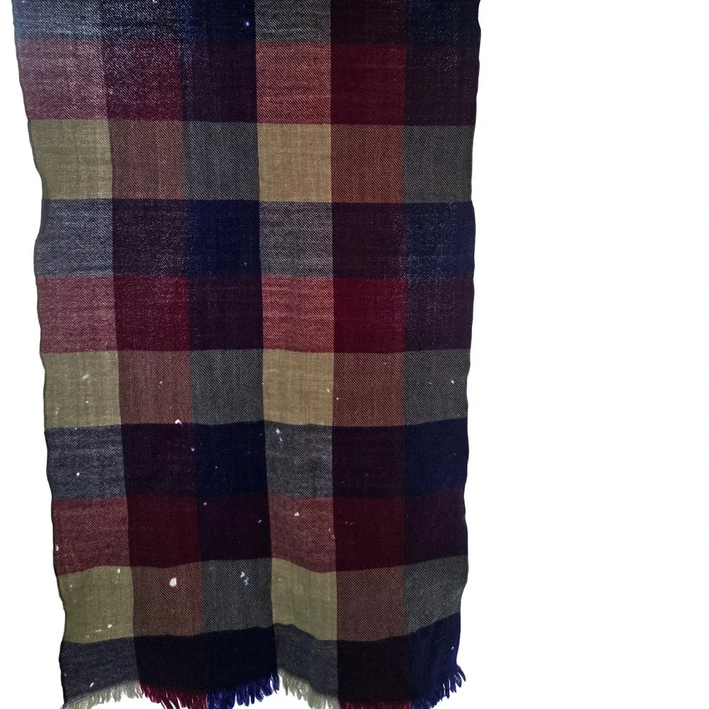 Vintage Men's Plaid Scarf Navy Maroon Checkered Fringe 1970s Winter Warm